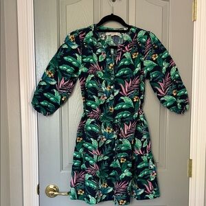 LOFT Navy Tropical Shift Dress with Green & Pink Leaf Print